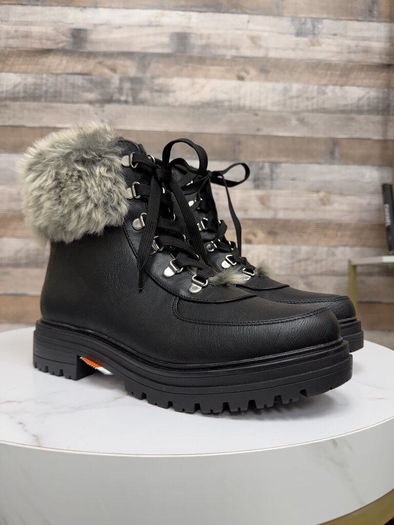 Sun +Stone faux leather combat boot with faux fur trim