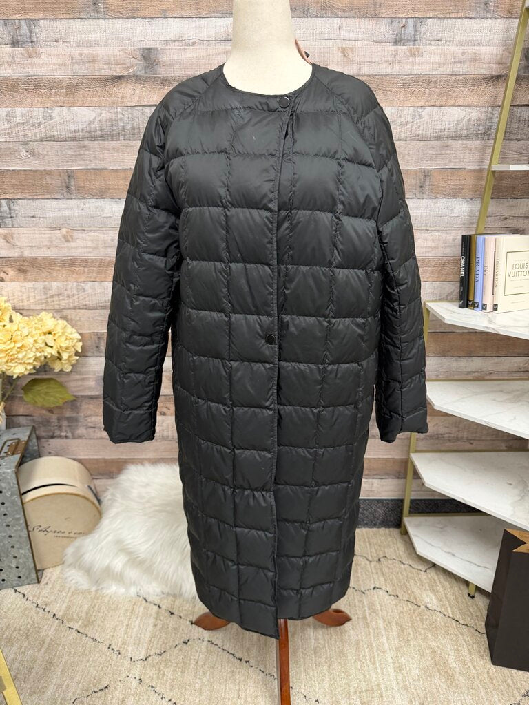 Theory black quilted down puffer long length coat