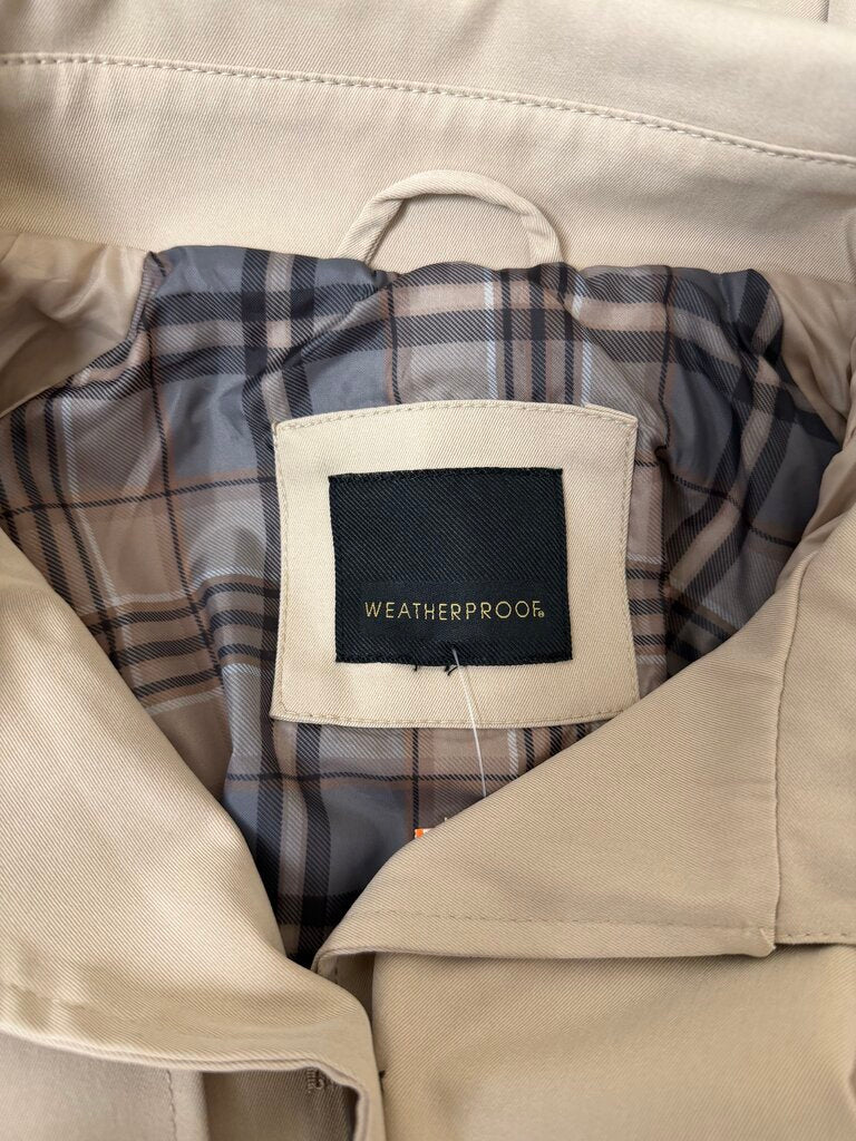 Weatherproof tan 3/4 length trench coat, hooded button down style