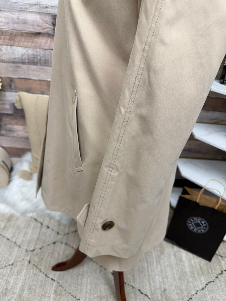 Weatherproof tan 3/4 length trench coat, hooded button down style