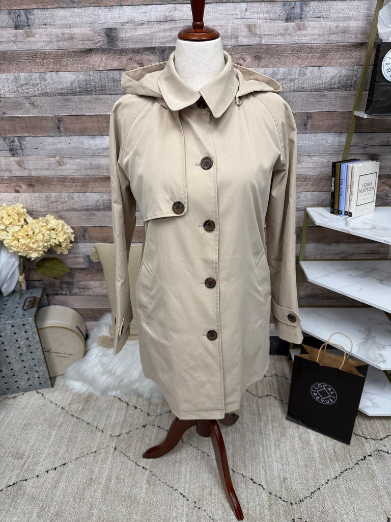 Weatherproof tan 3/4 length trench coat, hooded button down style