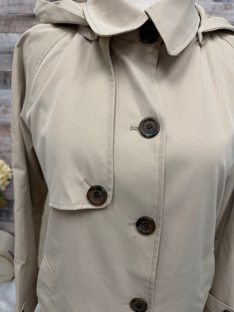 Weatherproof tan 3/4 length trench coat, hooded button down style