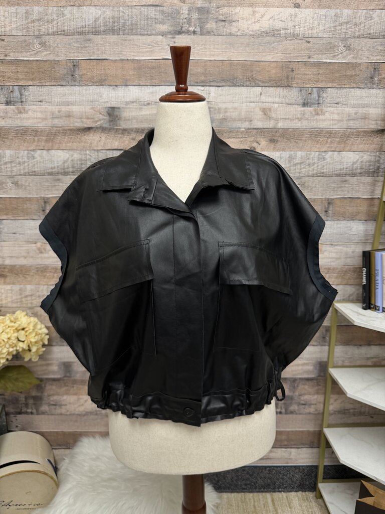 Planet by Lauren G black faux leather short sleeve button up top