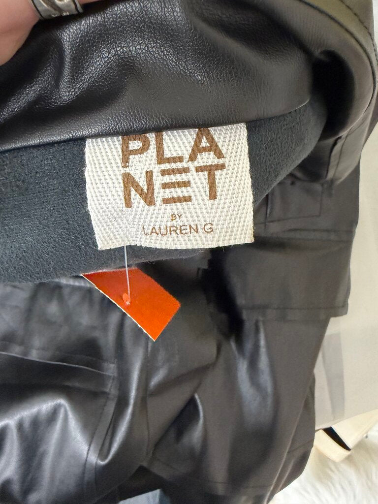 Planet by Lauren G black faux leather short sleeve button up top