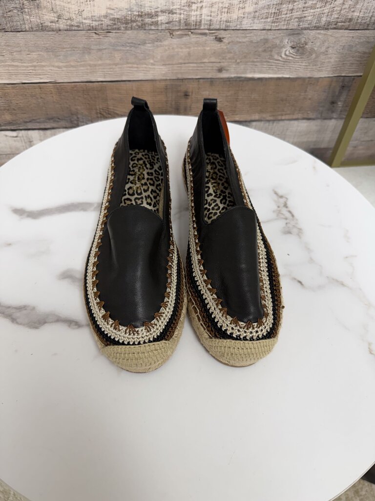 Chicos black leather espadrille slip on flats