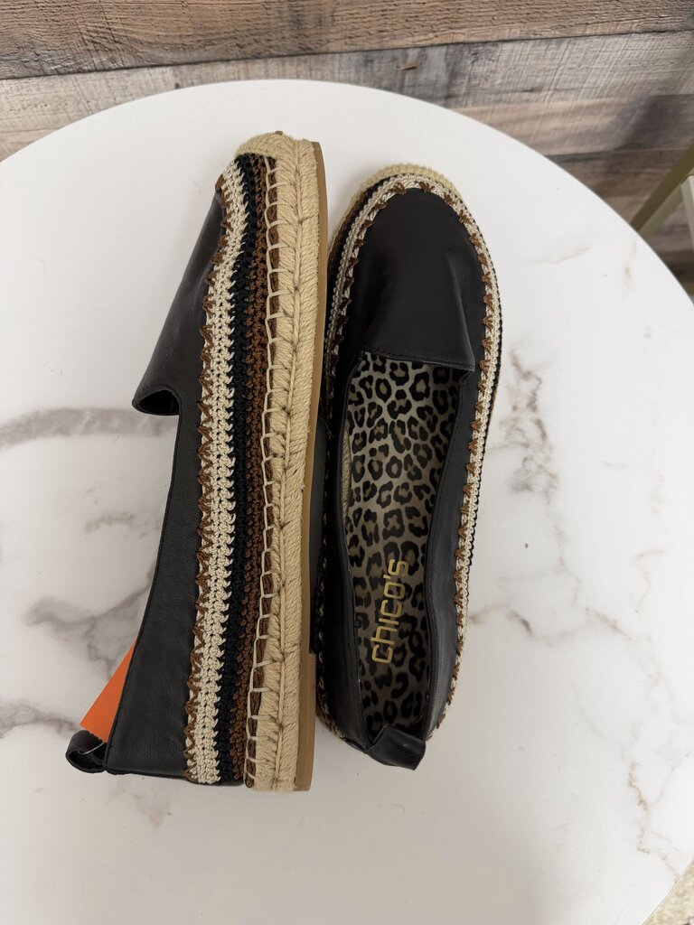 Chicos black leather espadrille slip on flats