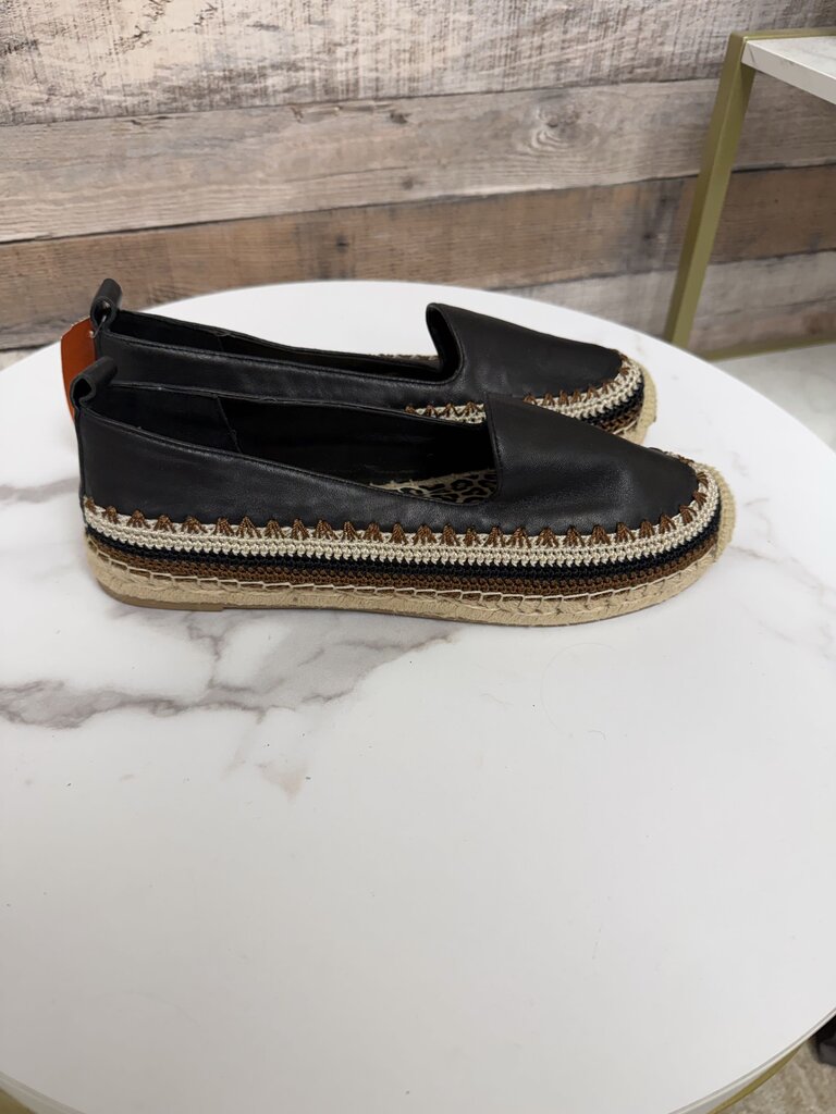 Chicos black leather espadrille slip on flats