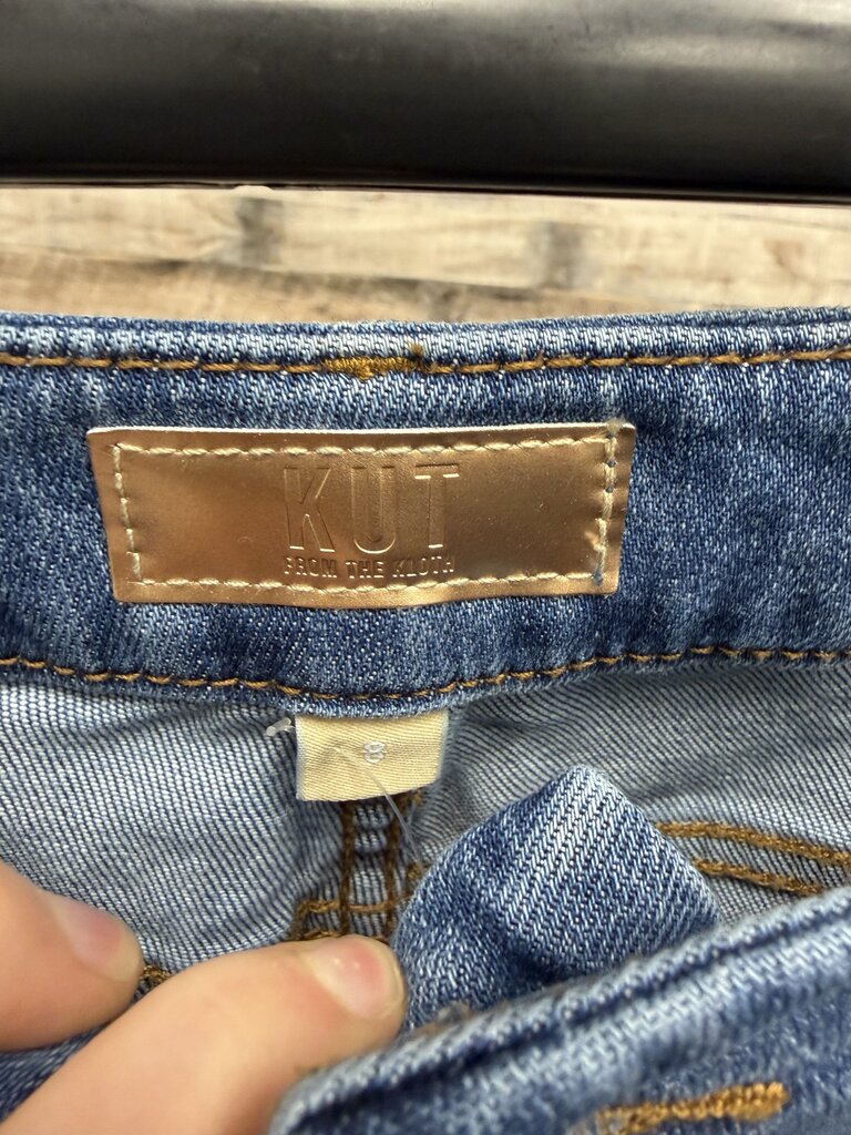 KUT blue jean wide leg cropped with raw hem