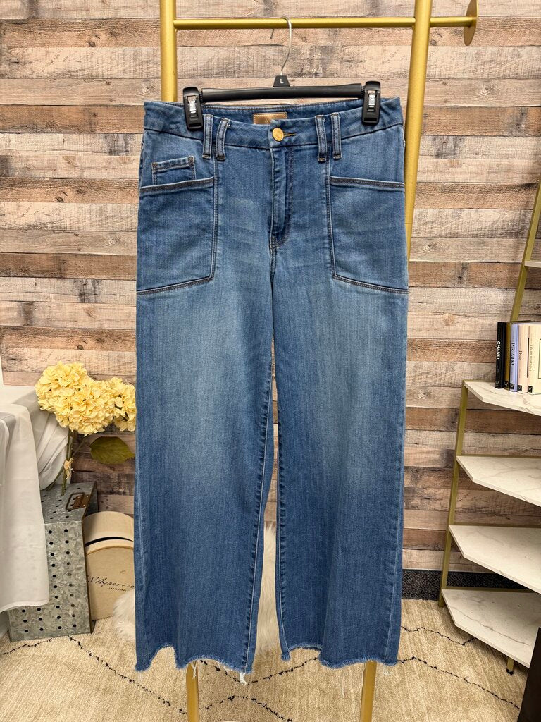 KUT blue jean wide leg cropped with raw hem