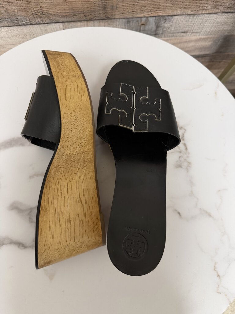 Tory Burch black leather wedge sandal with wooden platform