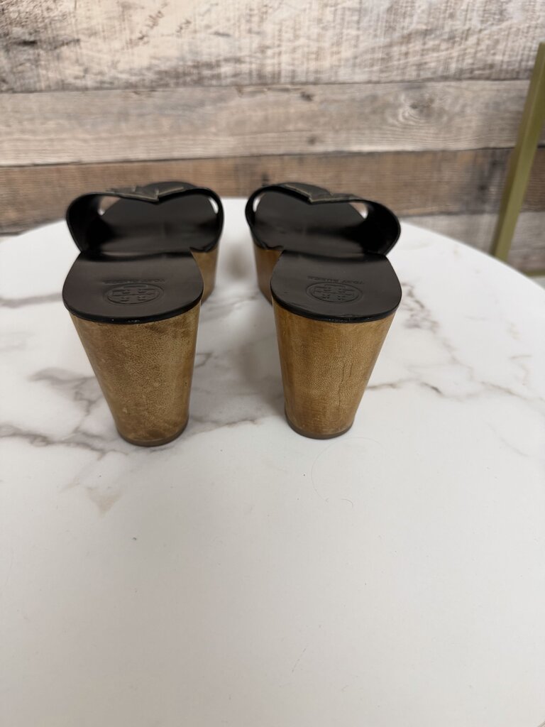 Tory Burch black leather wedge sandal with wooden platform