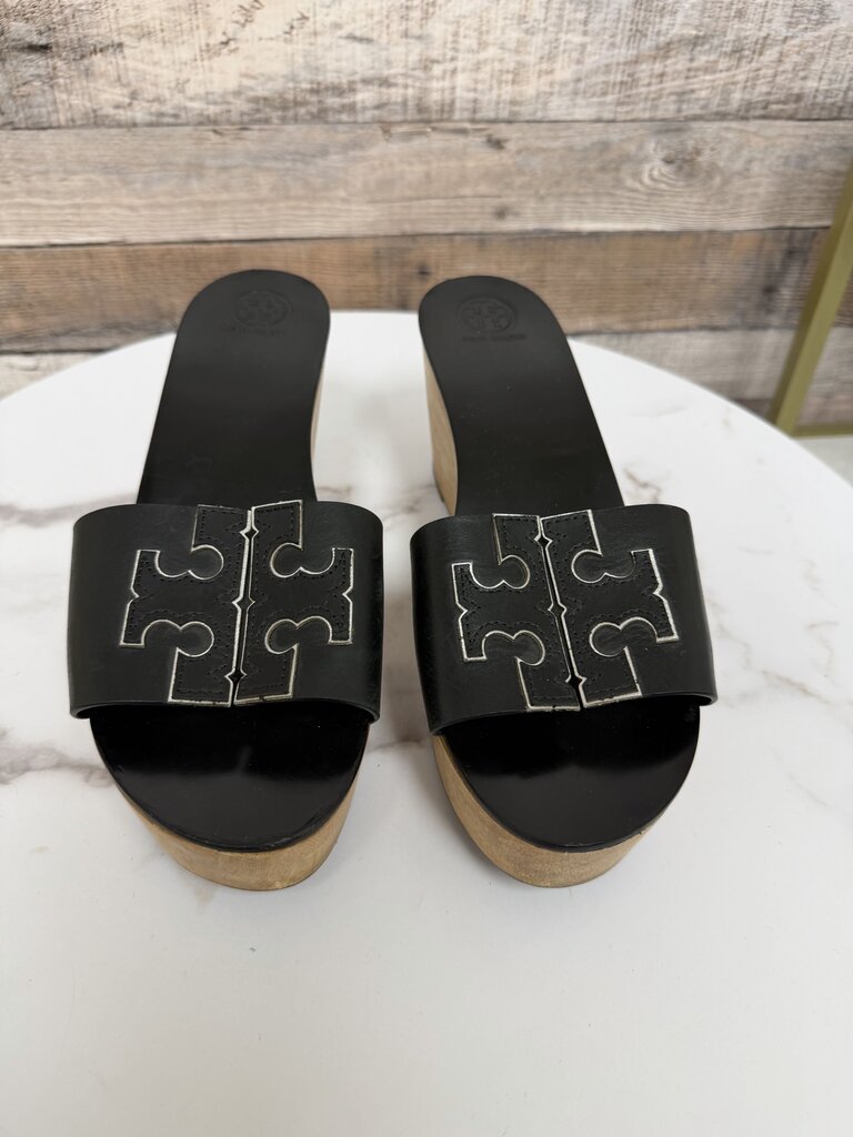 Tory Burch black leather wedge sandal with wooden platform