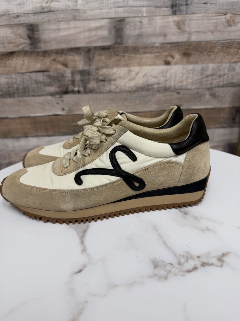 Vaneli cream with black swirl canvas/suede sneaker
