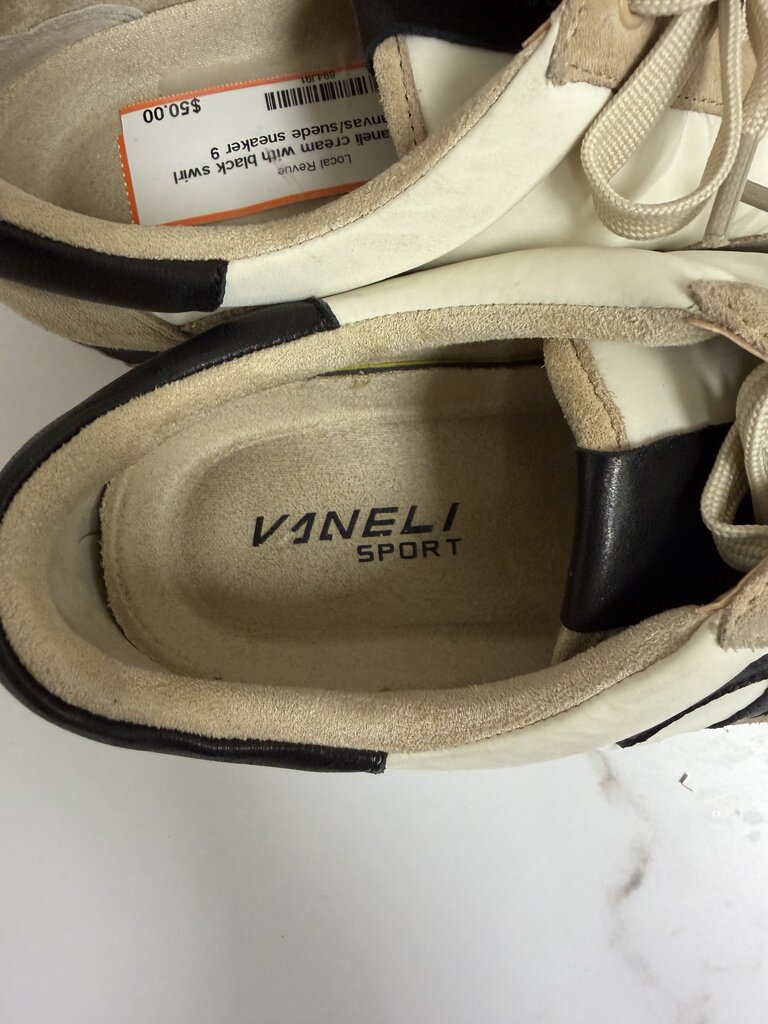 Vaneli cream with black swirl canvas/suede sneaker