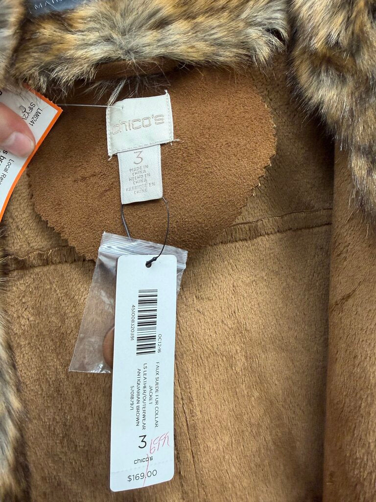 Chicos brown faux suede fur collar jacket NWT