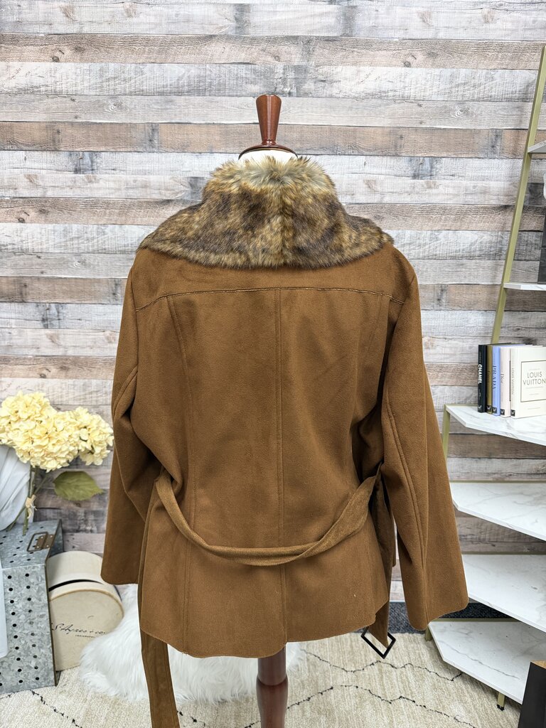 Chicos brown faux suede fur collar jacket NWT