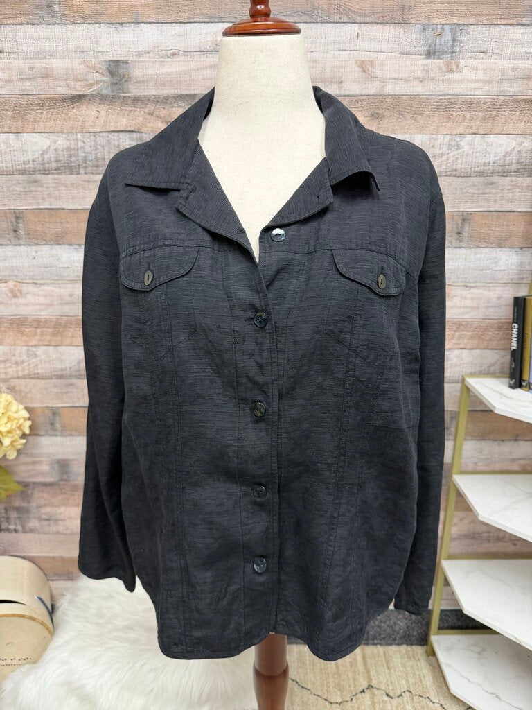 Chicos black silk linen button shirt jacket