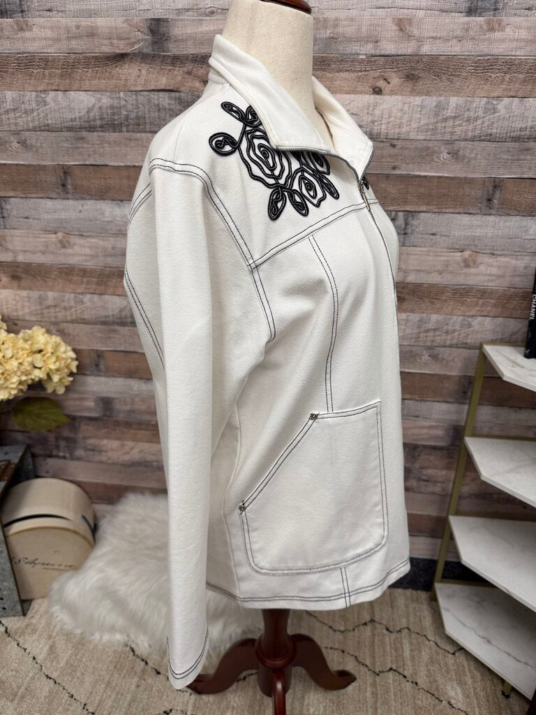 No Label white w/ black embroidery zip up N/A White L women SWEATERS