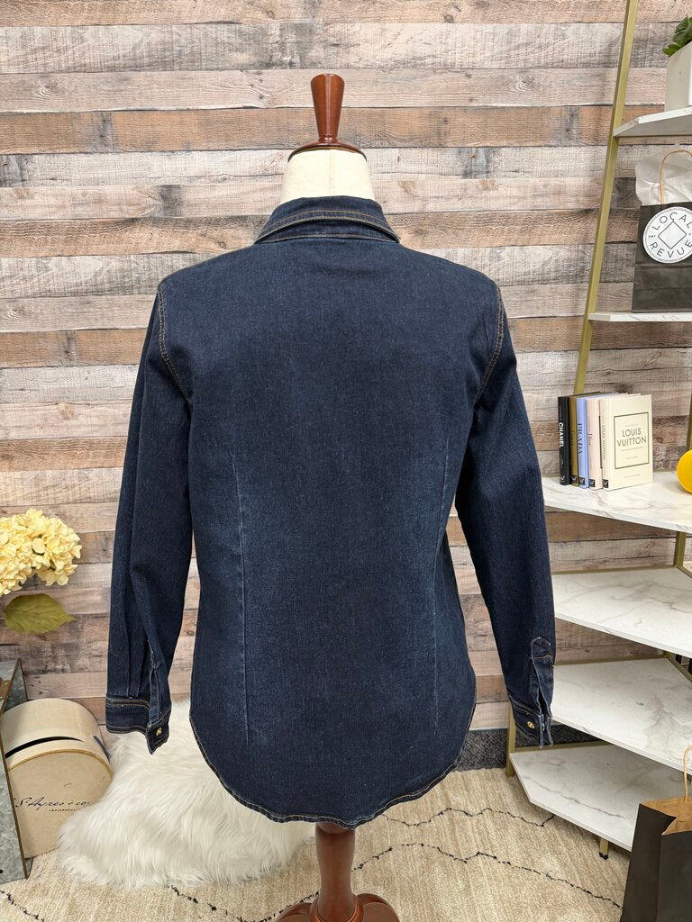 DG2 by Diane Gilman denim jacket gold studded neckline