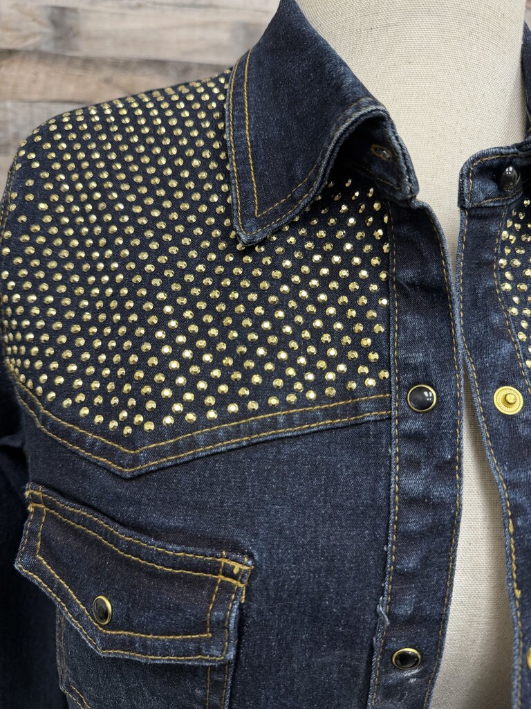 DG2 by Diane Gilman denim jacket gold studded neckline