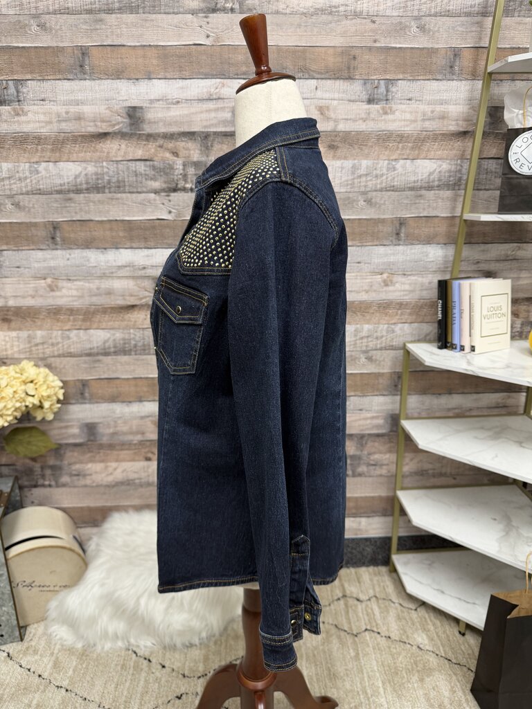 DG2 by Diane Gilman denim jacket gold studded neckline