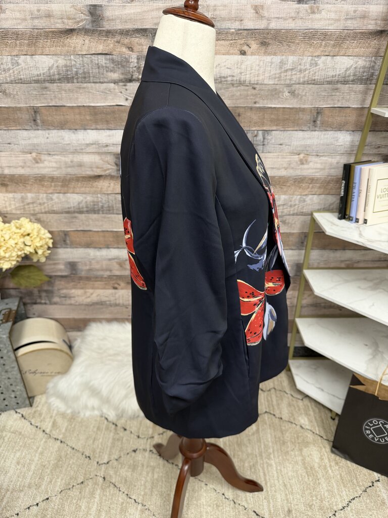 Chicos navy floral 3/4 scrunch sleeve blazer