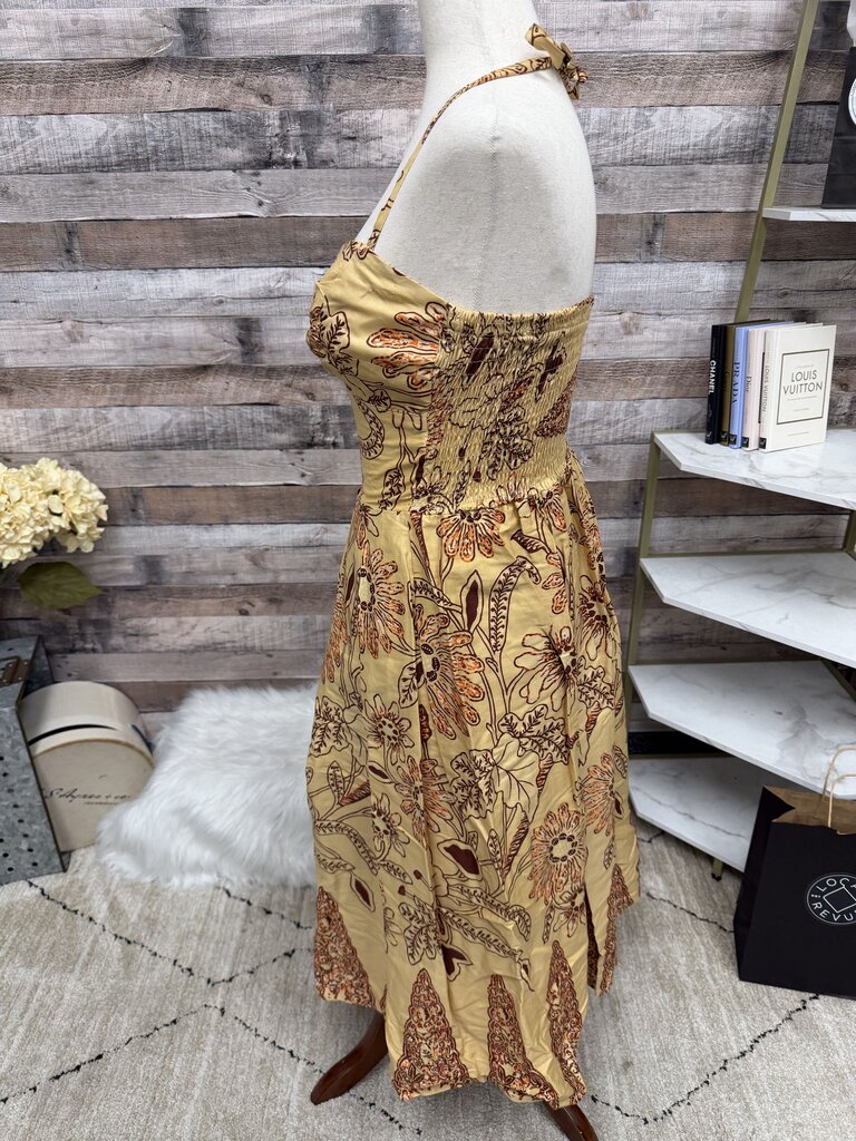 Golden Floral Print Hawaiian Halter Dress
