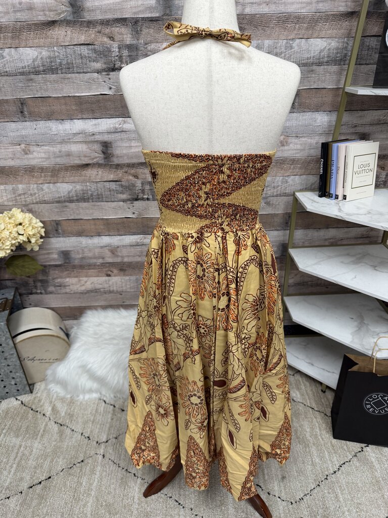 Golden Floral Print Hawaiian Halter Dress