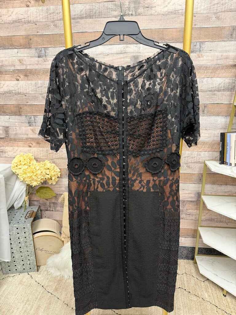 no label black lace and mesh sheath dress with nude lining