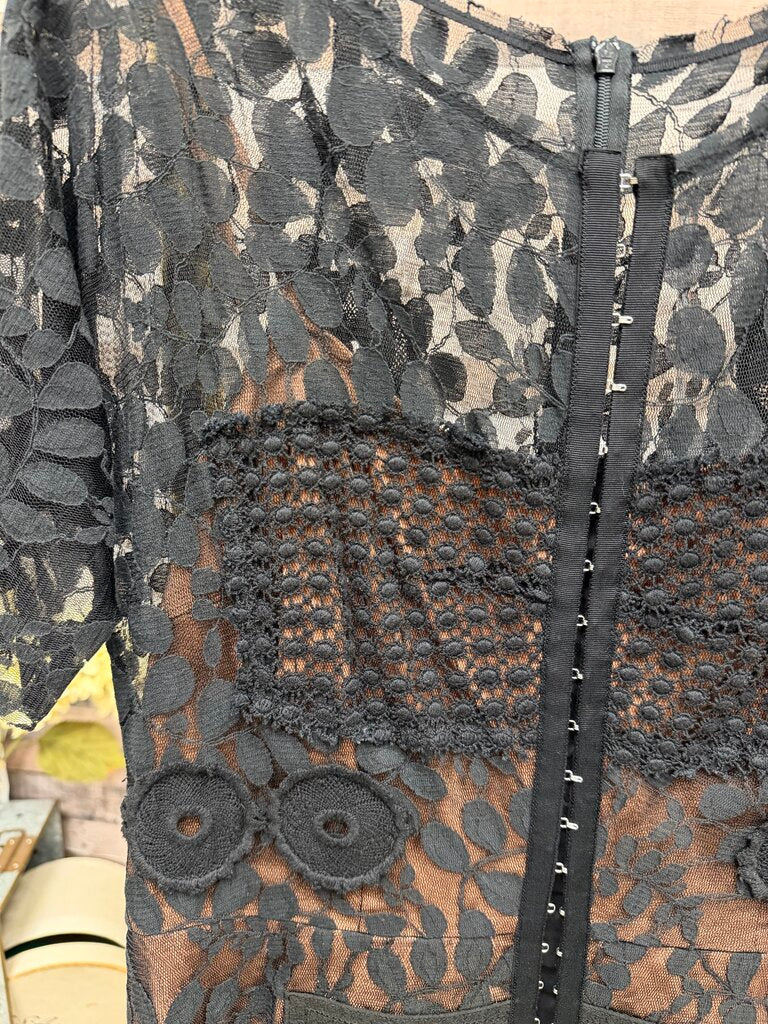 no label black lace and mesh sheath dress with nude lining