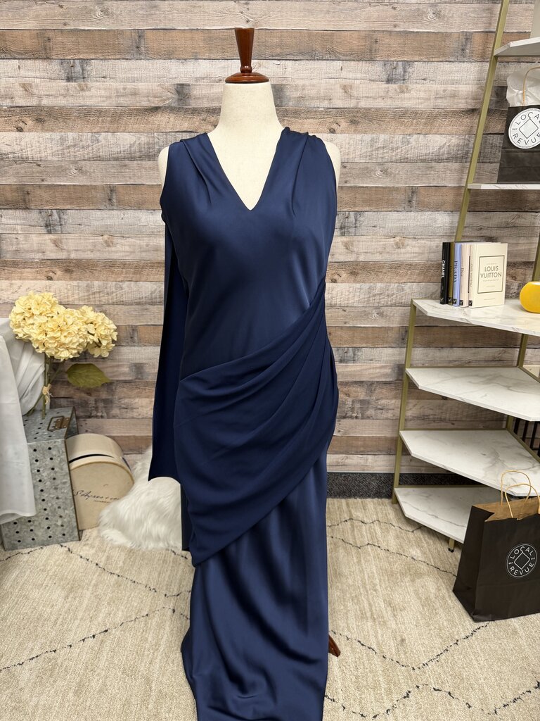 Halston navy draped evening gown