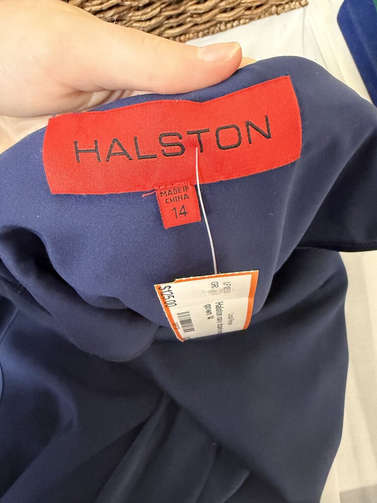 Halston navy draped evening gown