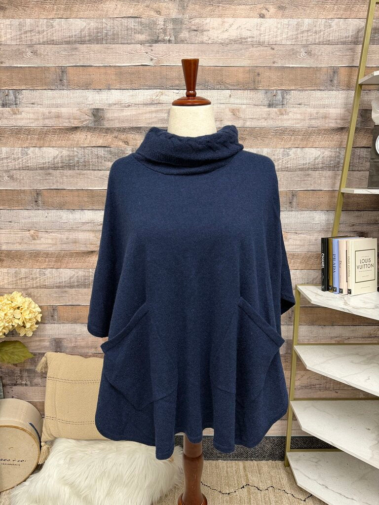 no label navy 100% cashmere poncho with pockets