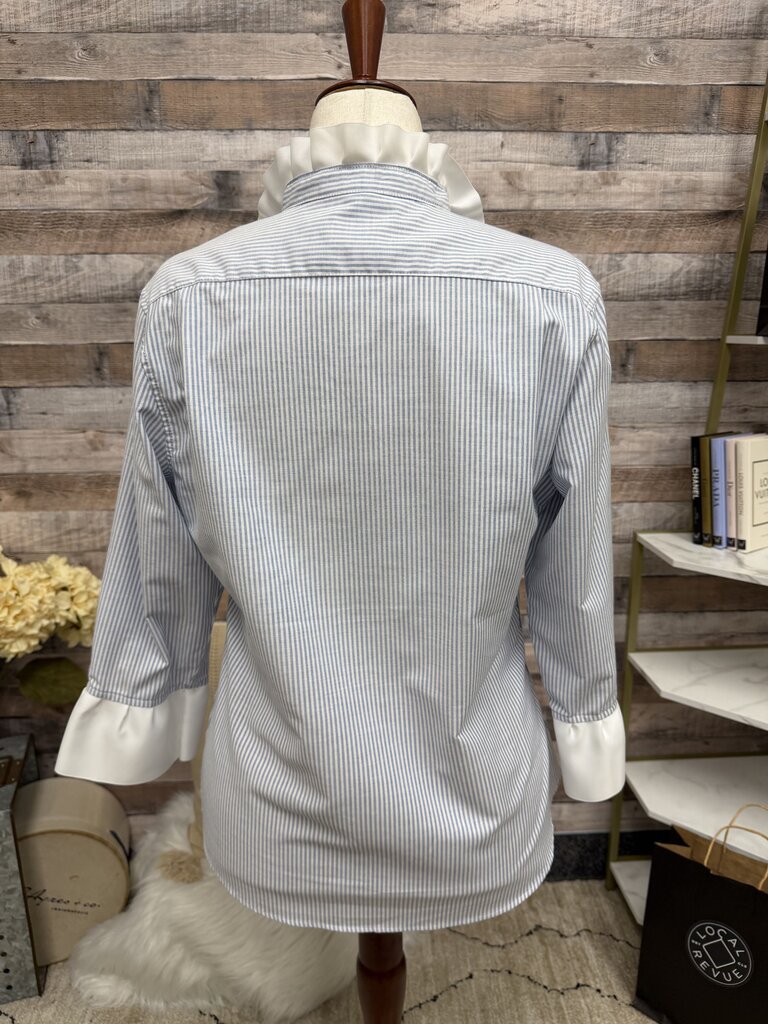 Pearly Vine blue striped button down with ruffles