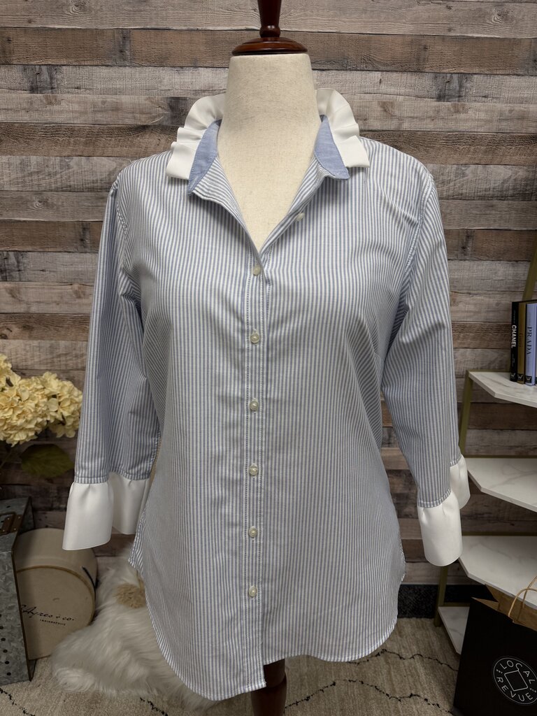Pearly Vine blue striped button down with ruffles