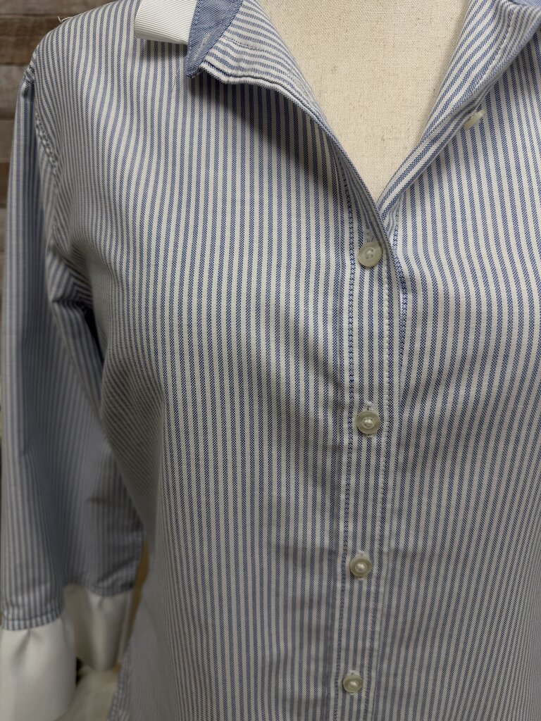 Pearly Vine blue striped button down with ruffles