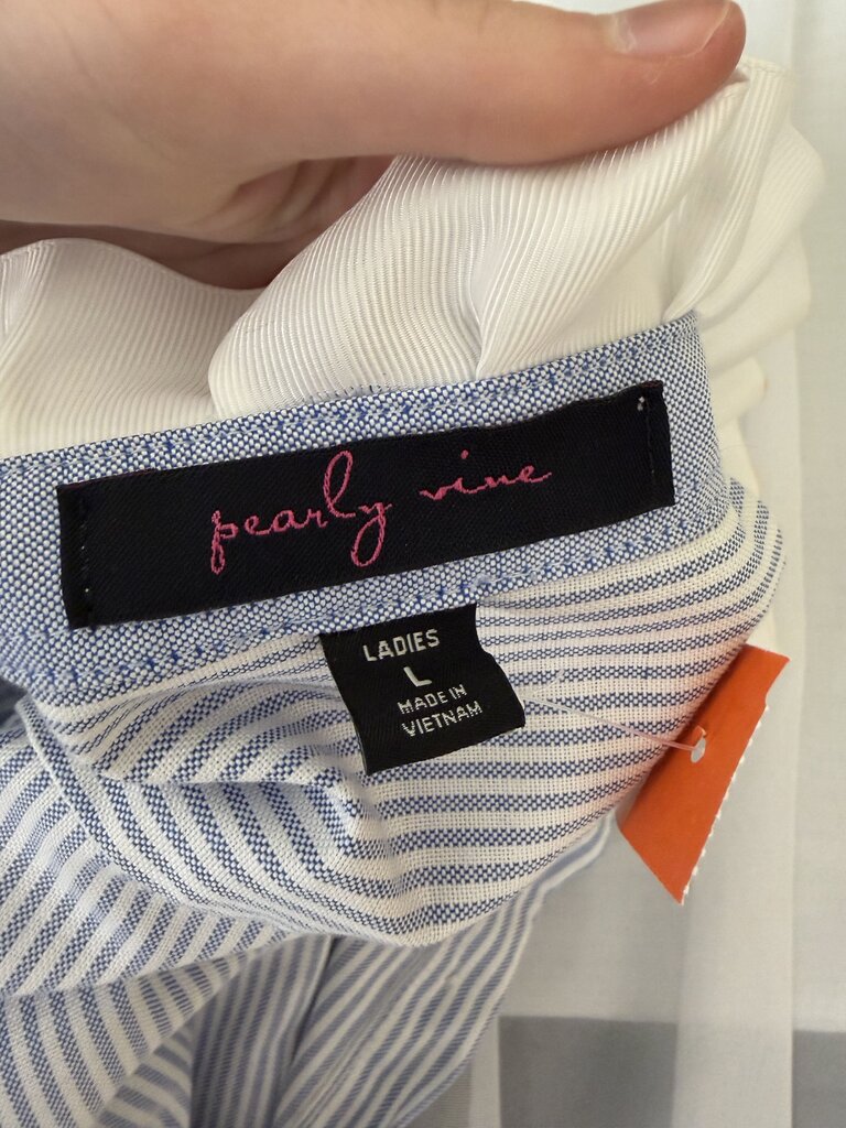 Pearly Vine blue striped button down with ruffles