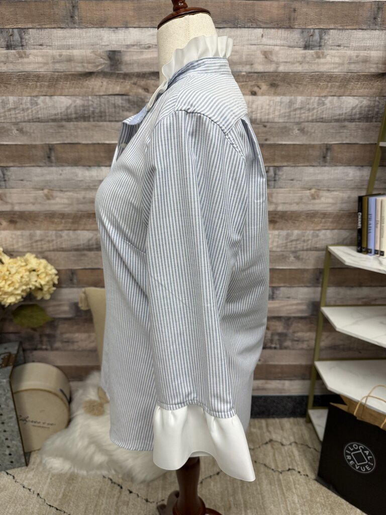 Pearly Vine blue striped button down with ruffles