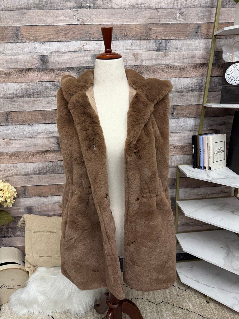 Guess brown faux fur vest with hood