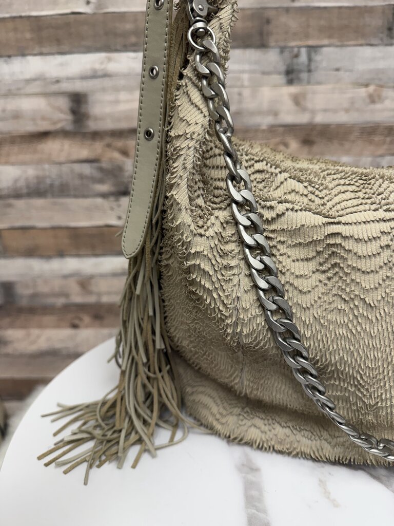 Ash cream fringe hobo bag with chain