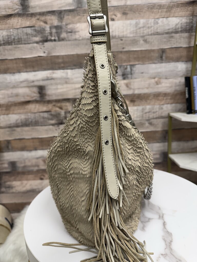 Ash cream fringe hobo bag with chain