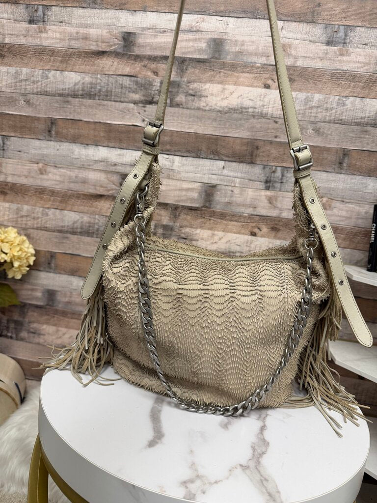 Ash cream fringe hobo bag with chain