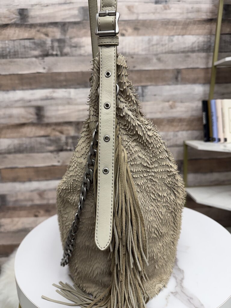 Ash cream fringe hobo bag with chain