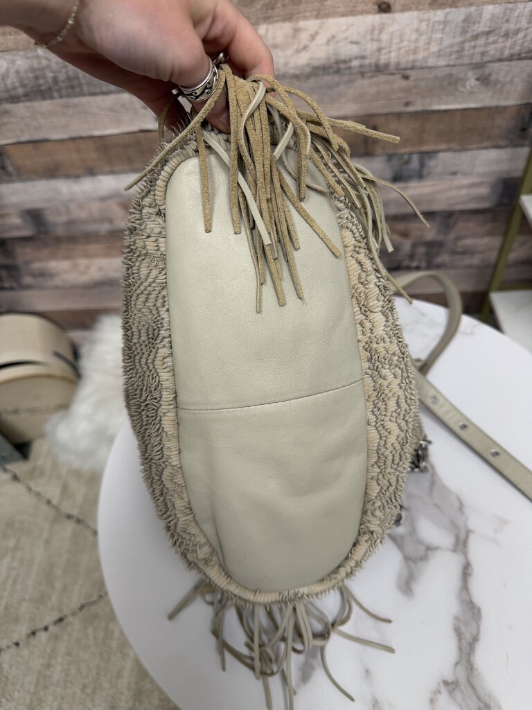 Ash cream fringe hobo bag with chain