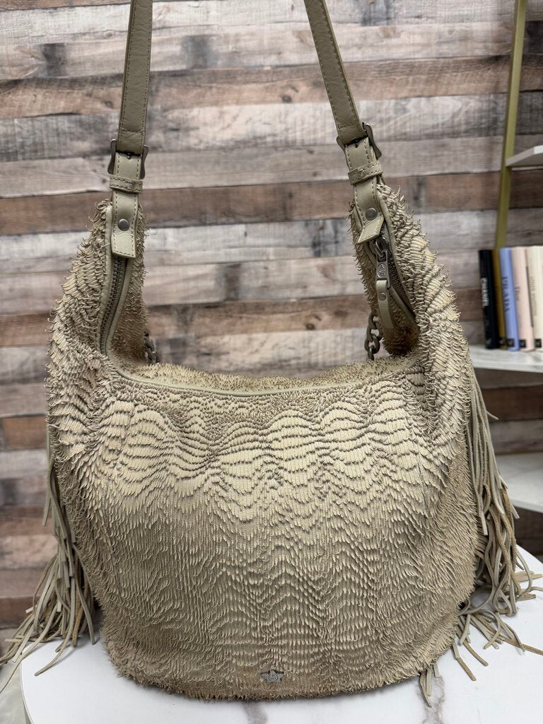 Ash cream fringe hobo bag with chain