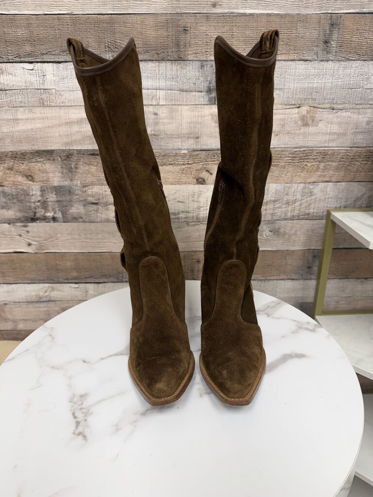 Via Spiga brown suede knee high boot with decorative stitching