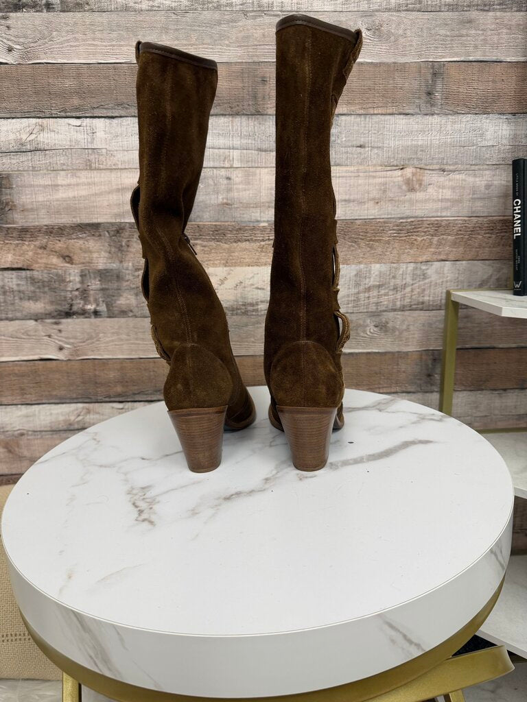 Via Spiga brown suede knee high boot with decorative stitching