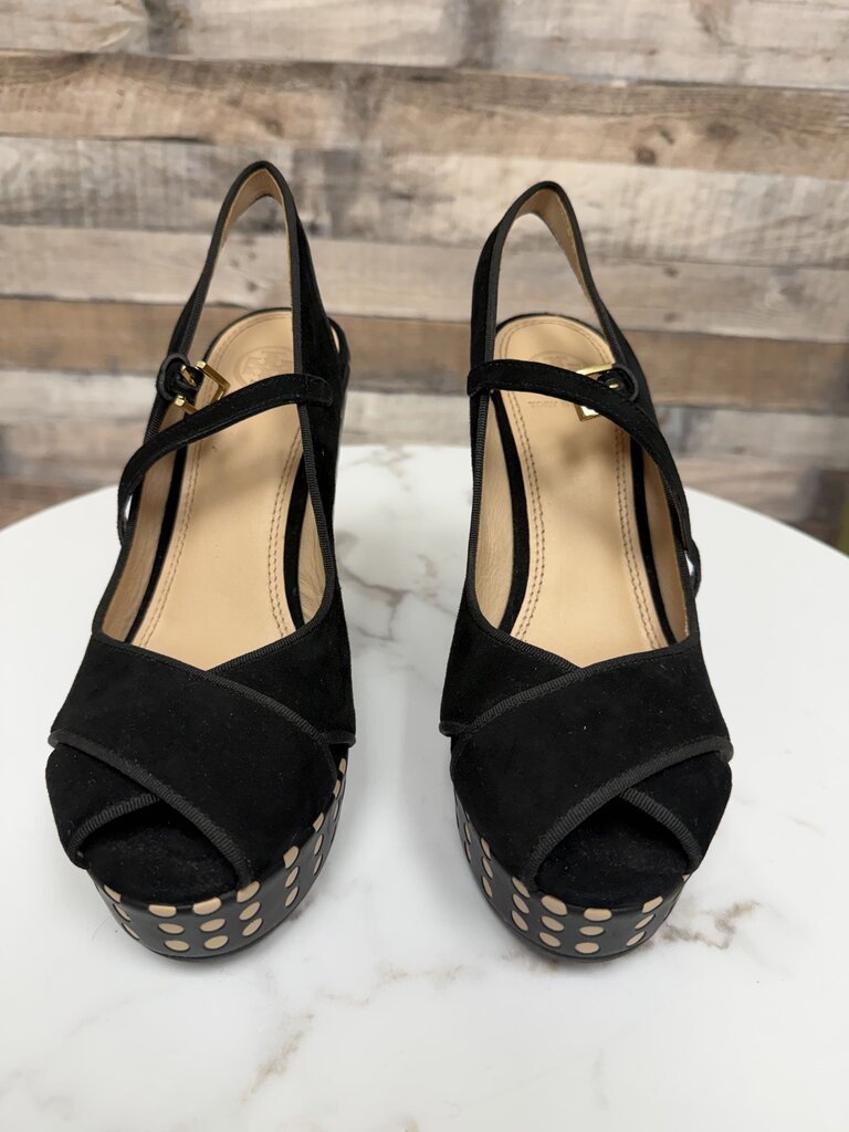Tory Burch black Ollie suede and leather wedge sandal