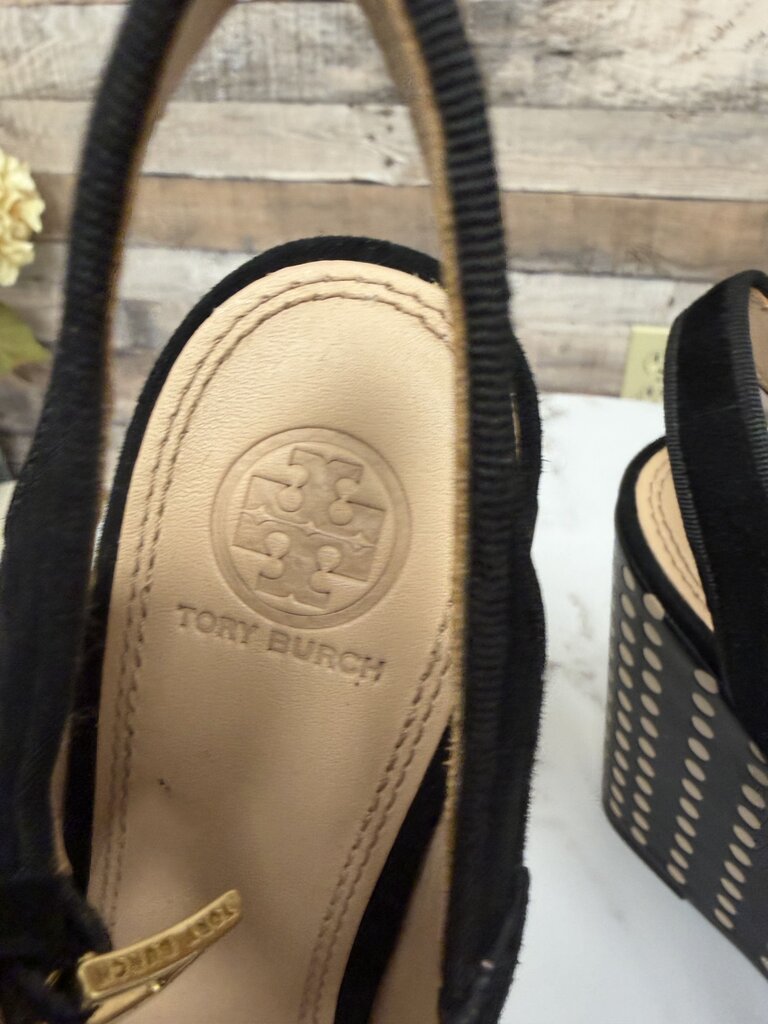 Tory Burch black Ollie suede and leather wedge sandal