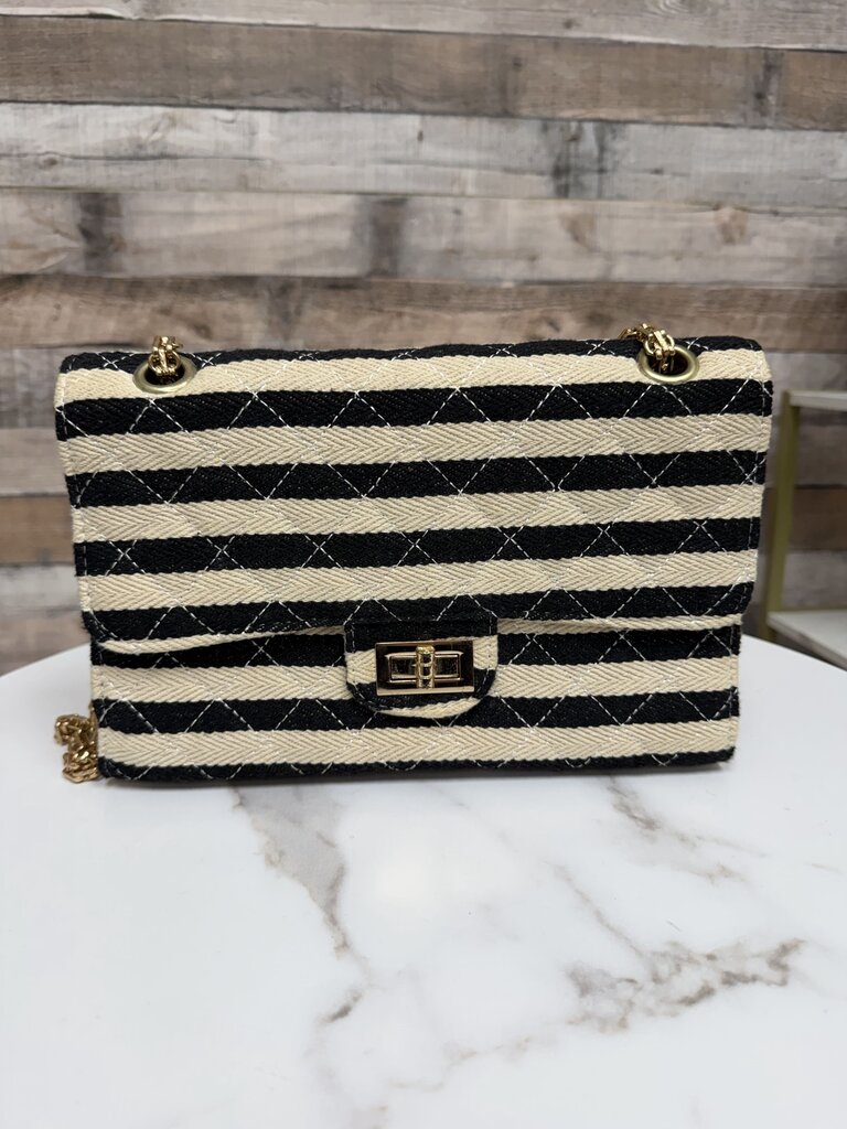 no label cream/black stripped bag with gold chain
